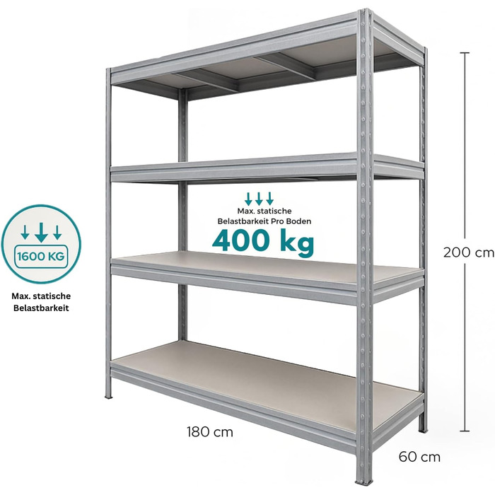 Надміцний стелаж KARAT XXL, оцинкований 200 x 180 x 60 см, стелажі для гаража, підвалу та майстерні - безболтові стелажі, широкопрохідні стелажі, підвальні стелажі, стелажі для майстерні (TitanRack Big)