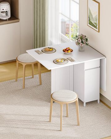 Обідній стіл Hzuaneri, розкладний обідній стіл на колесах, для 3-6 осіб, розкладний стіл з шухлядами, шафами та дворівневими відкритими полицями, підходить для невеликих приміщень, білий KT14003W