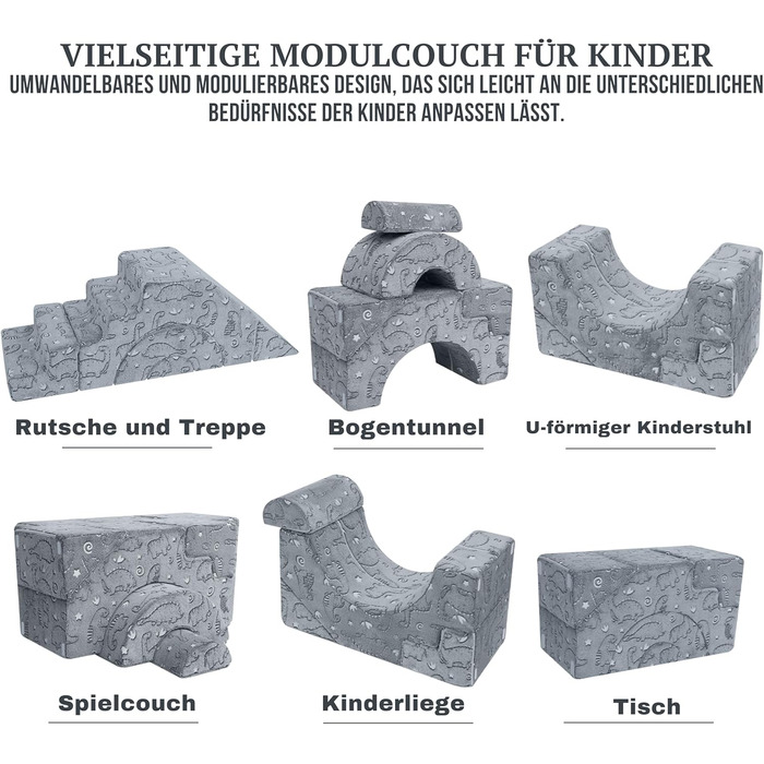 Модульний дитячий диван MeMoreCool з пінопласту, розкладні меблі для дитячої кімнати з функцією сидіння та відкидання, м&39який міні-диван зі знімним чохлом, сірий динозавр 02 сірий динозавр