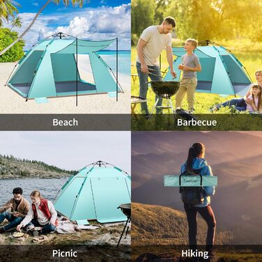 Автоматичний пляжний намет на 4-5 осіб, що миттєво розкладається, надзвичайно великий портативний вентильований автоматичний сонцезахисний козирок з 3 висувними ганками, UPF 50, легке встановлення для пікніків, світло-зелений