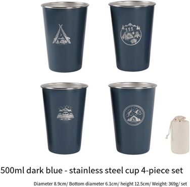 Набір з 4 кемпінгових чашок з нержавіючої сталі об&39ємом 500 мл, для походів та подорожей на природі, нержавіюча сталь 304, штабельовані, легкі, з сумкою для зберігання