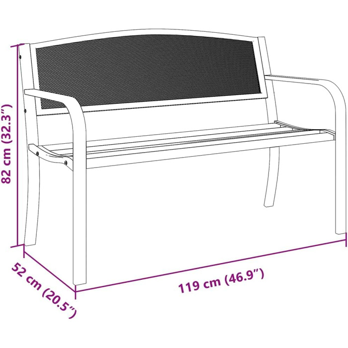 Садова Лава, Лавка з підлокітниками, Металева лавка для садового патіо, Паркова лавка Лавка для патіо Садові меблі, 119см Чорна сталь