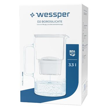 Скляний фільтр для води Wessper 2.5 л, сумісний з картриджами фільтра для води Brita, включає 1 картридж фільтра для води, зменшує вапняний наліт і хлор, білий