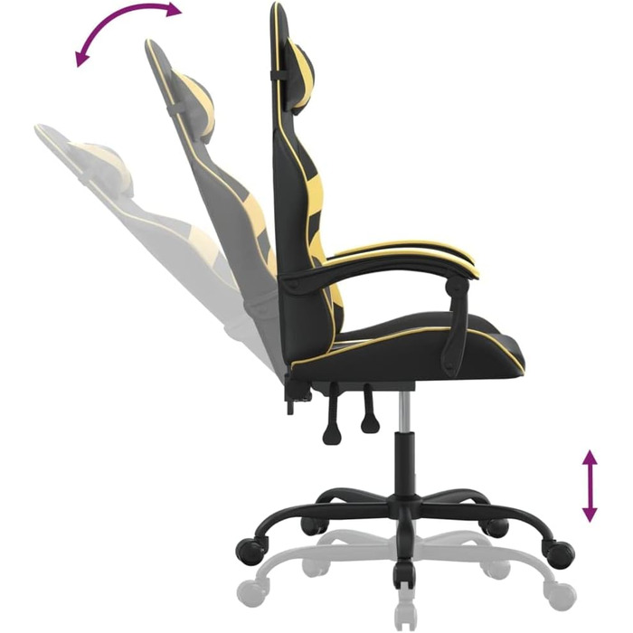 Ігрове крісло Чорно-золотистого кольору зі штучної шкіри, регульована висота 57,5 x 59,5 см, функція відкидання, коліщатка на 360, ергономічне комп&39ютерне крісло для домашнього офісу та ігор, 57,5 x 59,5 x (121-131) см (Ш x Г x В), золотистого кольору