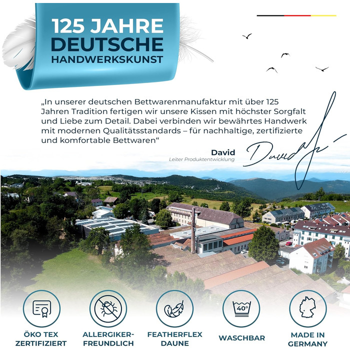 Пухова подушка Glckstoff 80x80 Зроблено в Німеччині - Високоякісна подушка зі 100 пуху та пера - Ергономічна 3-камерна пухова подушка - Подушка для ліжка - Пухова подушка - Подушка з пір&39яним наповнювачем 80x80 см, комплект з 1 предмета
