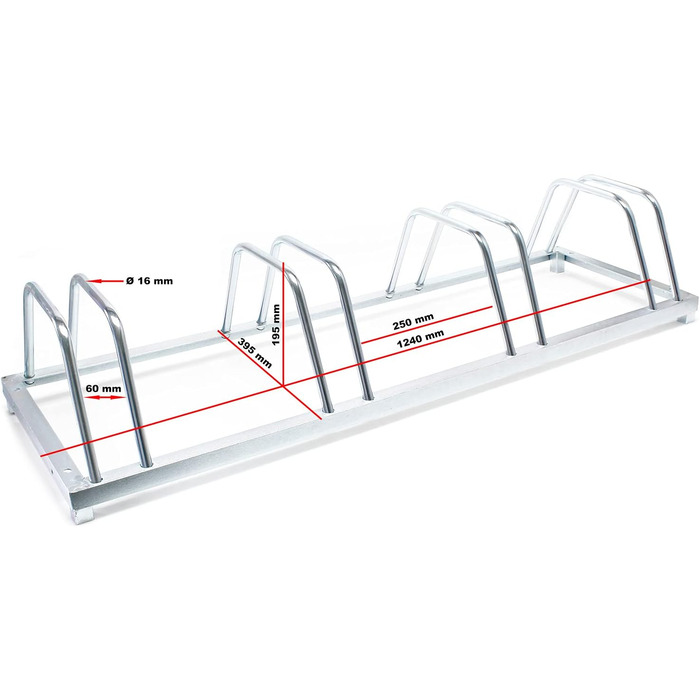 Велосипедна стійка Wiltec для 4 велосипедів 124x39.5x19.5см виготовлена з оцинкованої сталі і підходить для настінного монтажу Row Parker Bicycle Rack