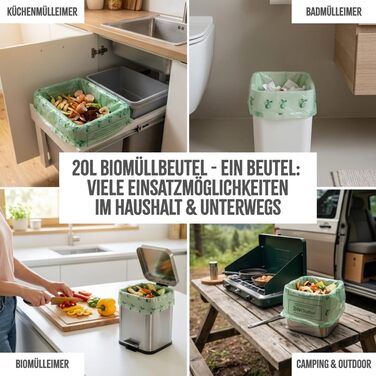 Літрові компостовані пакети для сміття з ручками 56 пакетів, компостовані, зроблені в Німеччині Міцні, кліматично нейтральні та веганські компостовані пакети для сміття, 20 л з ручкою для перенесення - 56 пакетів, 20-