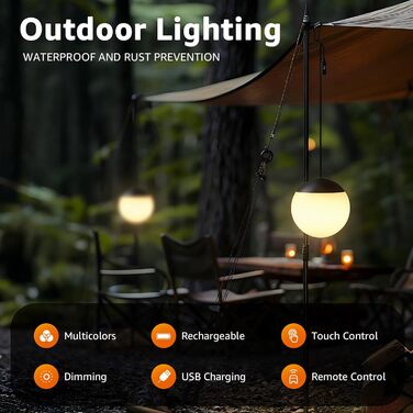 Набір із 2 ламп MALUX Sphere I Вуличний кемпінговий світильник I Світлодіодний підвісний садовий світильник із 8 кольорами I Регульоване освітлення для кемпінгу I Водонепроникний IPX4 I Балконний світильник, кемпінговий світильник