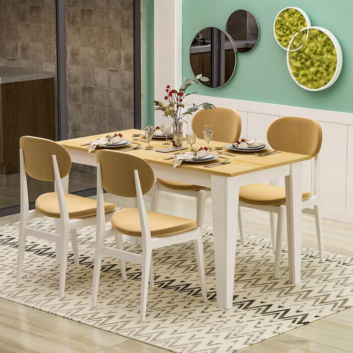 Обідній стіл Homidea SHIMAL для 4 осіб Сучасний кухонний стіл з міцною стільницею 120 x 72 x 73,8 см Обідній стіл для кухні та вітальні (білий дуб)