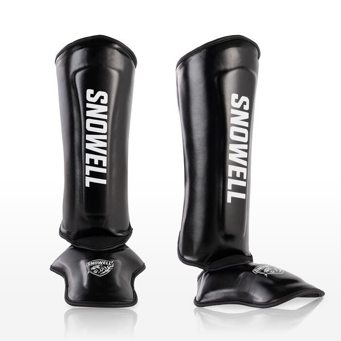 Щитки для гомілок для кікбоксингу синтетична шкіра, подвійна пінопластова підкладка, легкі та гнучкі, для муай-тай, ММА та бойових мистецтв без металевого кільця чорні