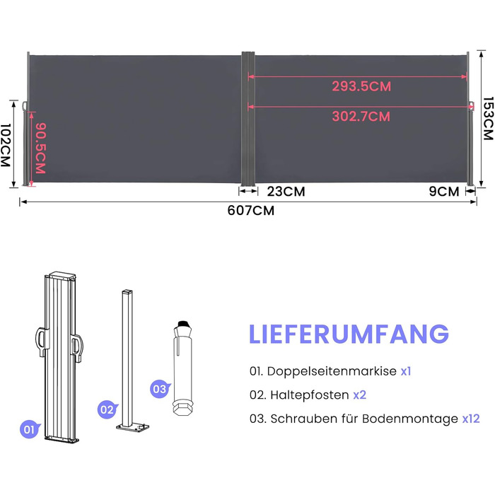 Розсувна двостороння бічна маркіза, створює приватність на вулиці, до 6 м, функція автоматичного згортання, захист від сонця та вітру, бічна шторка як екран для забезпечення конфіденційності (антрацит, висота 1,53 м, антрацит 160 см)