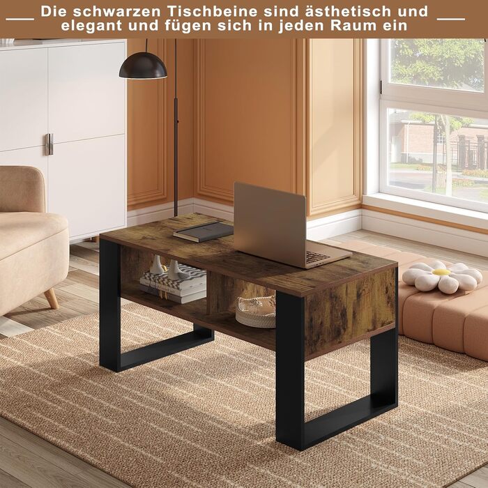 Журнальний столик WOLTU з місцем для зберігання, бічний столик для вітальні, сучасний стіл для вітальні, прямокутний журнальний столик, диван-столик, 2 відкриті відділення, вінтажний дерев&39яний вигляд чорного кольору, BTS16hov