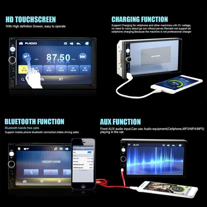 Радіо CAMECHO 2 Din з 7-дюймовим екраном, MP5-плеєр, автомобільна стереосистема з Bluetooth гучного зв'язку та USB/FM/дзеркала/керування на кермі, підтримка USB/TF/AUX камери заднього виду