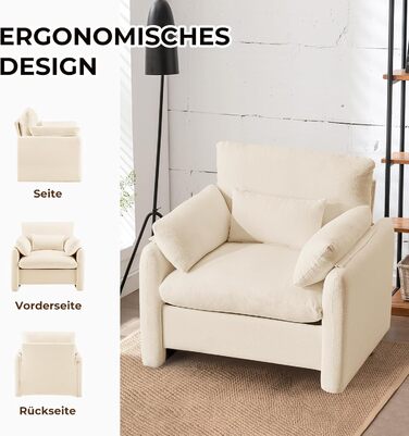 Надзвичайно велике крісло з відкидною спинкою для вітальні, м&39яке крісло для телевізора 93,5 см, одномісний диван зі знімним підлокітником та декоративною подушкою, одномісний диван/крісло для читання для вітальні/спальні, бежевий одномісний диван