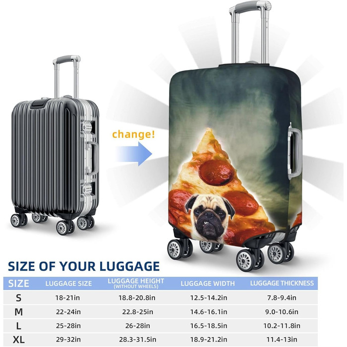 Кумедні мопси, захисний чохол для валізи Піца з песиком, міцний захист для валіз розміром 45.7 - 81.3 см, розмір XL, чорний, екстра-великий
