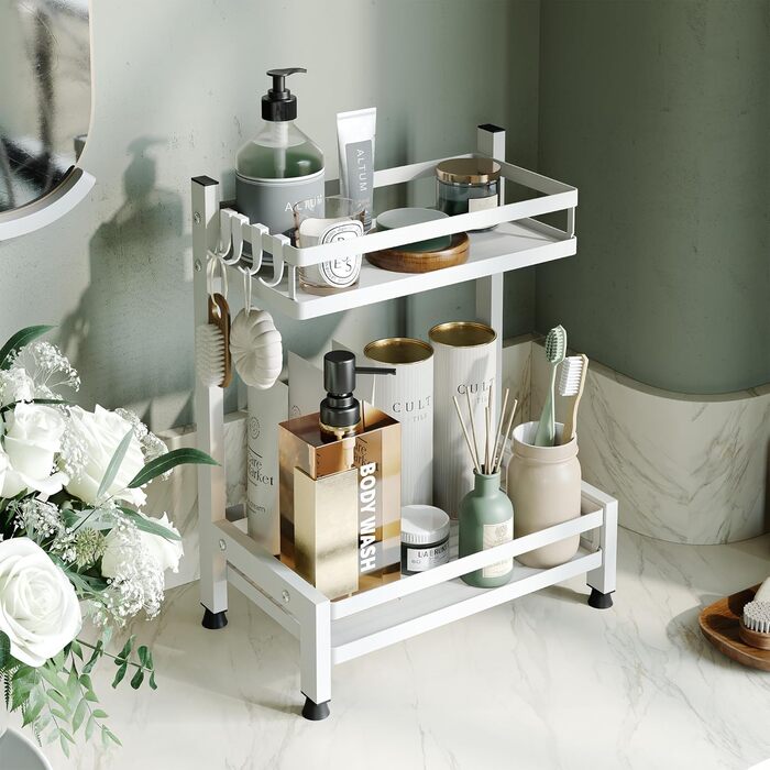 Багатофункціональна підставка для спецій NETEL, стояча, 2 рівні, підставка/тримач для спецій з нержавіючої сталі, органайзер для кухонних полиць на 4 гачки, біла, 2 рівні (базова модель)