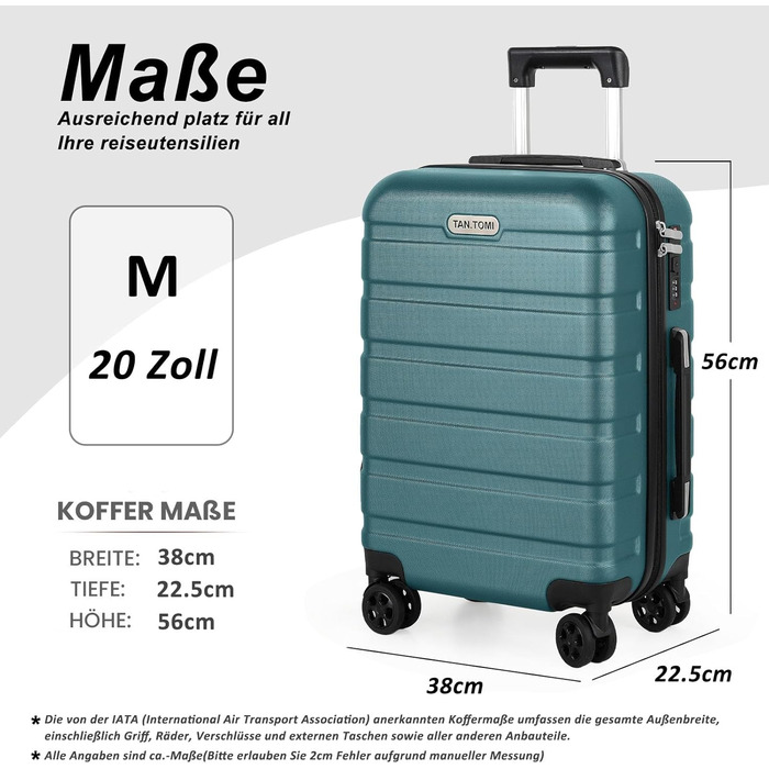 Ручна поклажа TANTOMI, 20-дюймова валіза з твердим корпусом, візок, легка валіза на колесах з ABS-пластику, дорожня валіза з 4 колесами, 3-значний кодовий замок (світло-темно-зелений, 41 л) Світло-темно-зелена ручна поклажа (M)