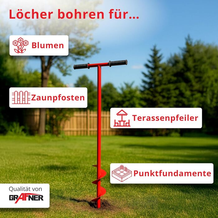 Бурильний пристрій Grafner для свердління отворів до Ø 100 мм, надміцний, зі сталі, з великим шнеком, антиковзними ручками, ідеально підходить для встановлення стовпів парканів, посадки дерев, кущів та рослин, бури для землі