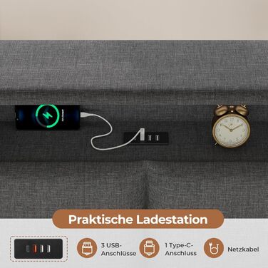 М&39яке ліжко-диван-ліжко 140x200 з USB-розетками та гідравлічним відділенням для зберігання, Ліжка 140x200 зі світлодіодним узголів&39ям та рейковою основою, Дитяче ліжко-кушетка, Двоспальне ліжко, Льняне, Темно-сірий (без матраца) 140 x 200 см Темно-сір