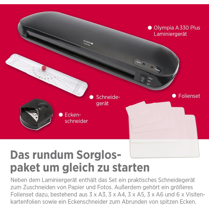 Ламінатор Olympia A 330 Plus Гаряче та холодне ламінування Ламінатор до A3 Захист від бульбашок Ламінатор Ідеально підходить для офісу, школи та домашнього офісу Ламінатор з пакетами для ламінування