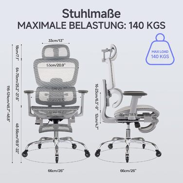 Ергономічне офісне крісло з підставкою для ніг та подушкою для шиї, 5-позиційне регулювання висоти спинки, 2D-підтримка попереку, 3D-підлокітники/підголівник, функція нахилу 145, сітчасте сидіння, гумові колеса, сірий колір.