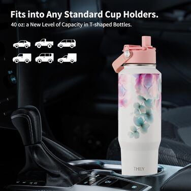 Пляшка для води THILY з нержавіючої сталі об&39ємом 40 унцій, потрійно ізольована, герметична пляшка для води з широким горлом, кришкою та трубочками, порошкове покриття, без BPA, зберігає напої гарячими та холодними, Pink Lilies F40 - Pink Lilies, модель
