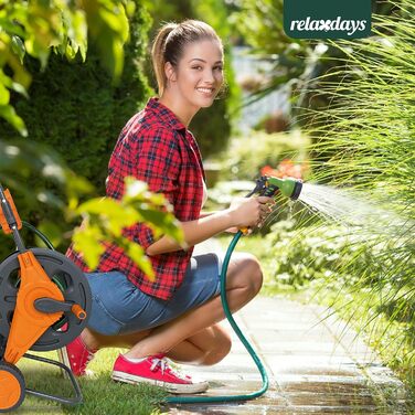 Шланг для поливу Relaxdays, 60 м, зєднувачі швидкого зєднання, направляюча шланга, 2 колеса, пластик/сталь, барабан для шланга, сірий/помаранчевий