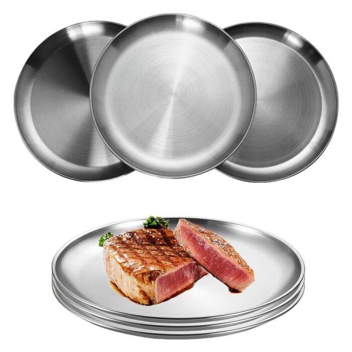 Тарілки з нержавіючої сталі, 6 шт., діаметр 20 см, для барбекю, круглі, для випічки, кемпінгу, пікніків, кухні та вечірок - набір з 6 шт.