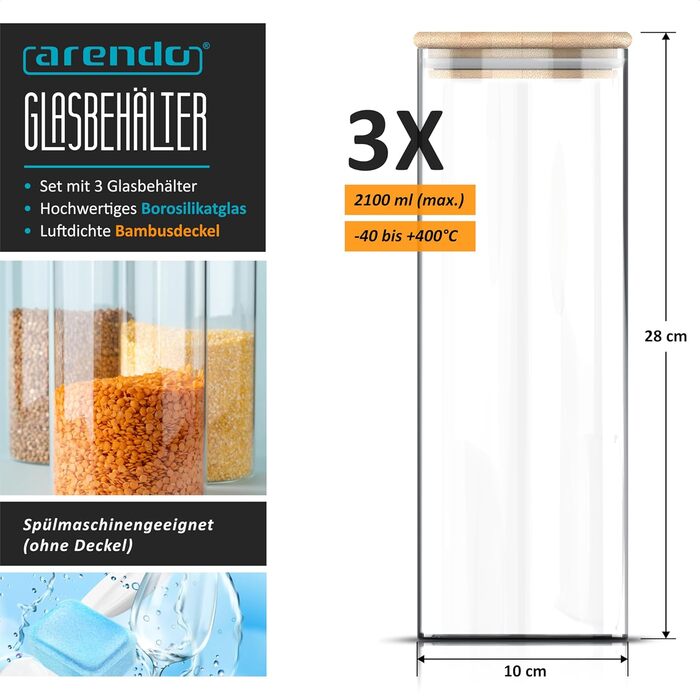 Банки для зберігання з кришками, 2 літри - Набір з 3 шт. - 10 x 28 см / - Скляні контейнери - Термостійкі - Банки для зберігання з дерев&39яними кришками - Герметичні - для мюслі, цукру, борошна, спагеті, кави, рису