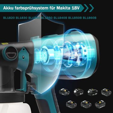 Акумуляторна система розпилення фарби для Makita 18V, працює для електричних фарборозпилювачів BL1860 BL1850 BL1840 BL1830 -4 сопла/3 шаблони розпилення/6 фільтрувального паперу (без акумулятора)