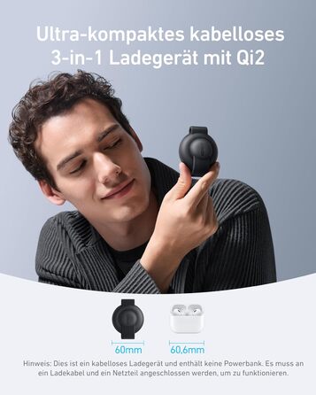 Бездротова зарядна станція Anker MagGo 3-в-1, сумісний з MagSafe сертифікований зарядний пристрій Qi2 на 15 Вт (зі штекером ЄС/США