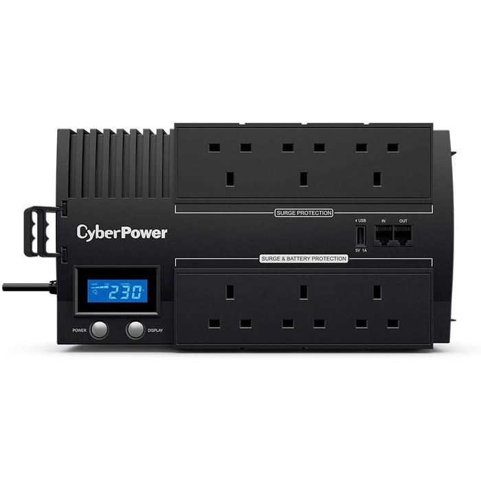 Серія БРІКС CyberPower BR1200ELCD-UK, 1200 ВА/720 Вт, 6 розеток у Великій Британії (лише 3 стрибки напруги, 3 ДБЖ та стрибки напруги), 1 порт для зарядки USB, AVR, цегляний формат 1200 ВА/720 Вт