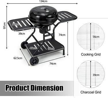 Мангал на вугіллі 57см з колесами, візок для барбекю на 2-6 осіб, піддон для вугілля з золовловлювачем, бічні полиці, гачки, зольн