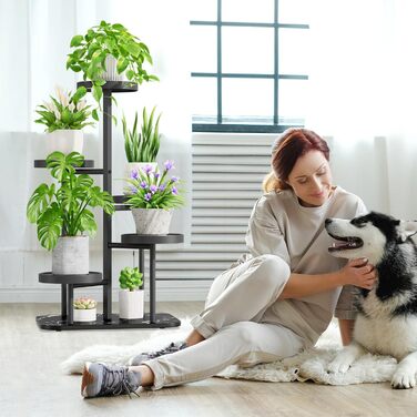 Рівнева підставка для рослин з металу та пластику, підставка для квітів, полиця для рослин, підставка для рослин на вулиці, багаторівнева підставка для рослин для приміщень, для використання на вулиці, для вітальні, балкону, тераси, подвір&39я (чорна), 5-