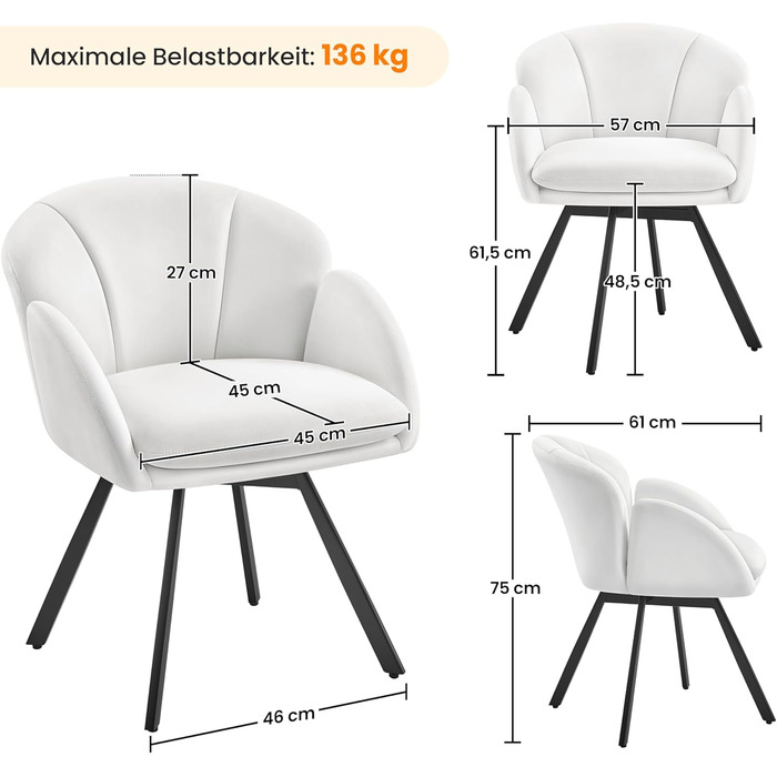 Офісне крісло Yaheetech з поворотом на 360, оксамитове офісне крісло з подвійною подушкою сидіння, туалетний стілець у формі пелюстки, поворотне крісло для офісу/спальні/вітальні, білий колір