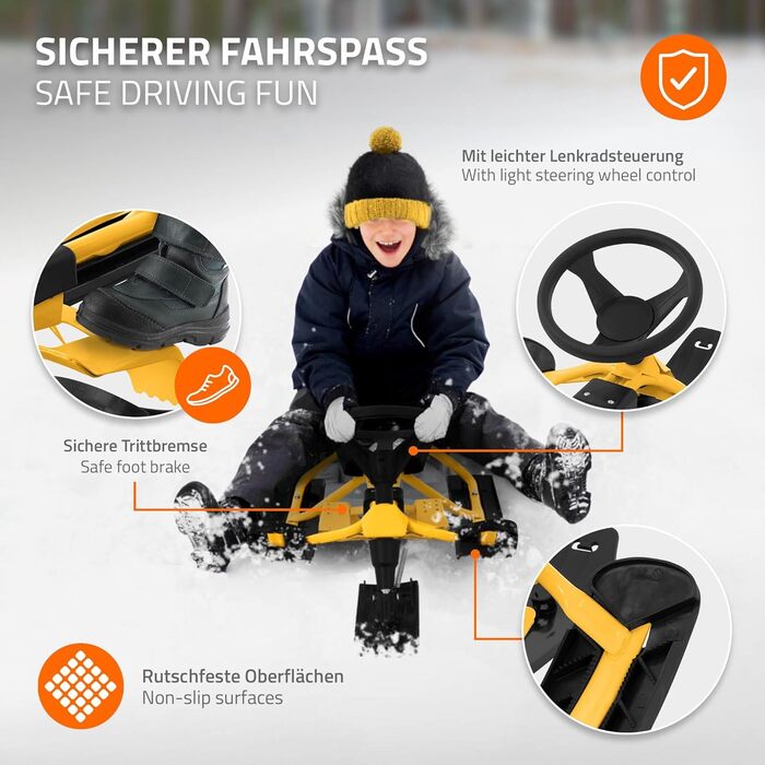 Німеччина Санки з кермом, дитячі санки від 5 років, скібоб для дітей та дорослих до 90 кг, санки з кермом, ножні гальма, тяговий т