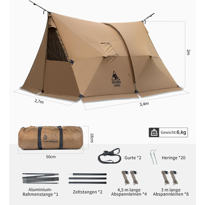 Намет OneTigris ASH Canopy, 2-4 особи, водонепроникний 3000 мм, вітрозахисний, великий теплий кемпінговий намет, зимовий намет, намет-гамак, намет для вулиці в автомобілі, малий розмір у упаковці