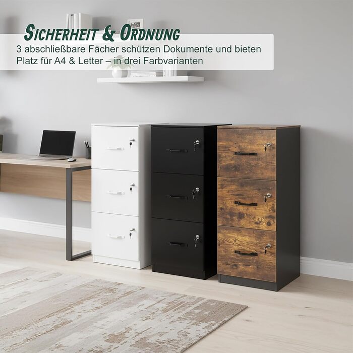 Картотечна шафа Relaxdays для підвісних файлів, 3 шухляди, що замикаються, ВxШxГ 103 x 40 x 40 см, підвісна картотечна шафа, біла