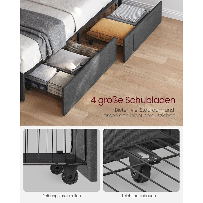 Каркас двоспального ліжка VASAGLE, Каркас ліжка, 180 x 200 см, LED, Металеве ліжко, 4 шухляди, Зарядна станція, Регульоване м&39яке узголів&39я, Темно-сірий RMB825GN02 Темно-сірий 180 x 200 см