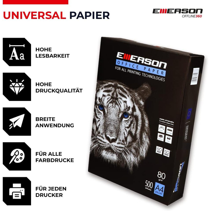 Папір для копіювання принтера Emerson TIGER A4 210 x 297 мм А4 Ксерокопний папір Білизна 146 CIE 80 г/м2 5x500 аркушів Принтер лазерний, струменевий, ксерокопійний, факсимільний Папір для ксерокопіювання