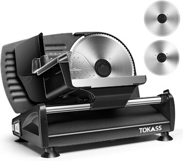 Електричний нарізувач їжі з нержавіючої сталі - Регульований кухонний комбайн від 0 до 15 мм - 2 леза - Нарізка ковбаси - Нарізка хліба, нарізка шинки, м'ясо (150 Вт 2 леза чорний)