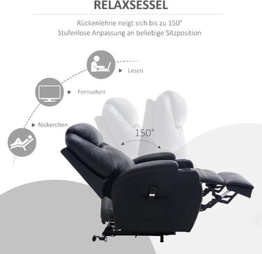 Електричне крісло-реклайнер HOMCOM з підйомником, розкладне крісло з пультом дистанційного керування, підстаканник, бічна кишеня, підставка для ніг, штучна шкіра, чорний колір