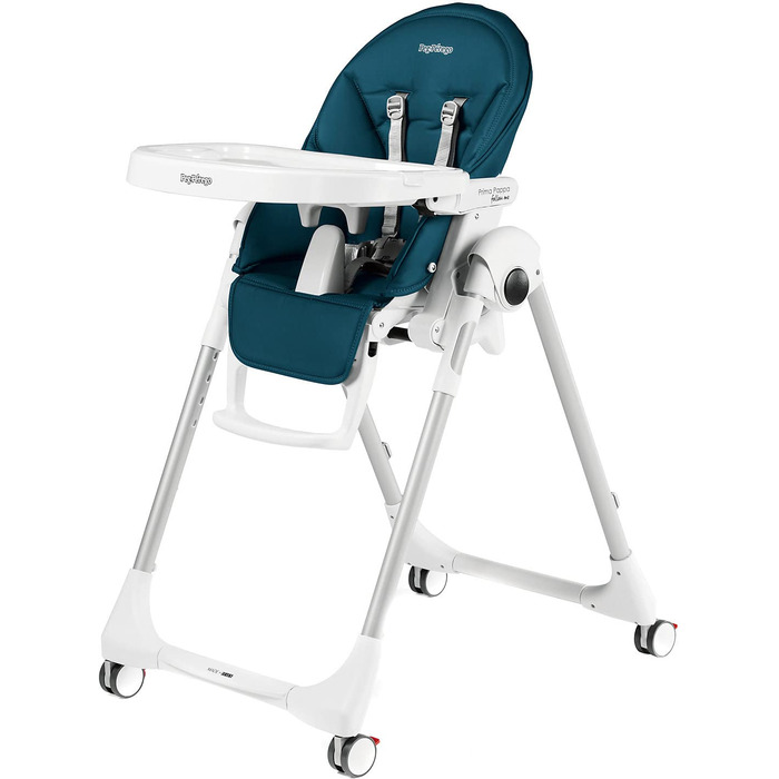 Стільчик для годування з функцією відкидання дитини і 4 подвійними коліщатками з гальмами, чохол зі штучної шкіри, колекція petrol