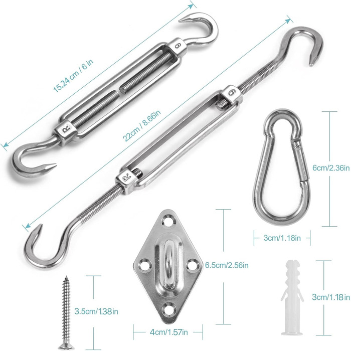 Комплект кріплення сонцезахисного вітрила HOMPER M6, Комплект кріплення аксесуарів для сонцезахисних вітрил квадратних та трикутних, нержавіюча сталь (12 предметів для квадратних 16 гвинтів) M6-444
