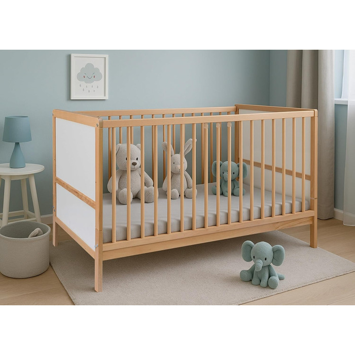 Дитяче ліжко Nelly 120x60 см Дитяче ліжко Натуральний/Білий Бук Регульована висота у 2 напрямках 3 знімні перекладини Сертифіковано EN 716