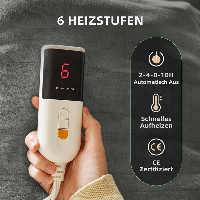 Ковдра з підігрівом 130x180 см - Ковдра з підігрівом та автоматичним вимкненням, регульованим 10-годинним таймером, 6 режимами нагрівання - Можна прати в пральній машині, захист від перегріву (сірий) Сірий 130x180 см, 39S HOME