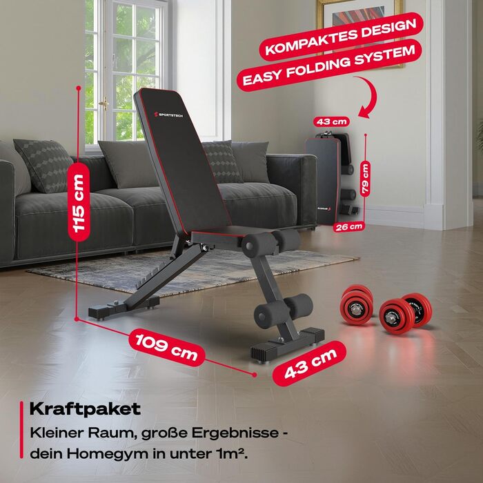 Складана та регульована силова лава Sportstech BRT250 багатофункціональна фітнес-лава для домашнього використання, лава 7-в-1 для тренувань усього тіла, компактно складається, вантажопідйомність до 300 кг BRT250 чорного кольору