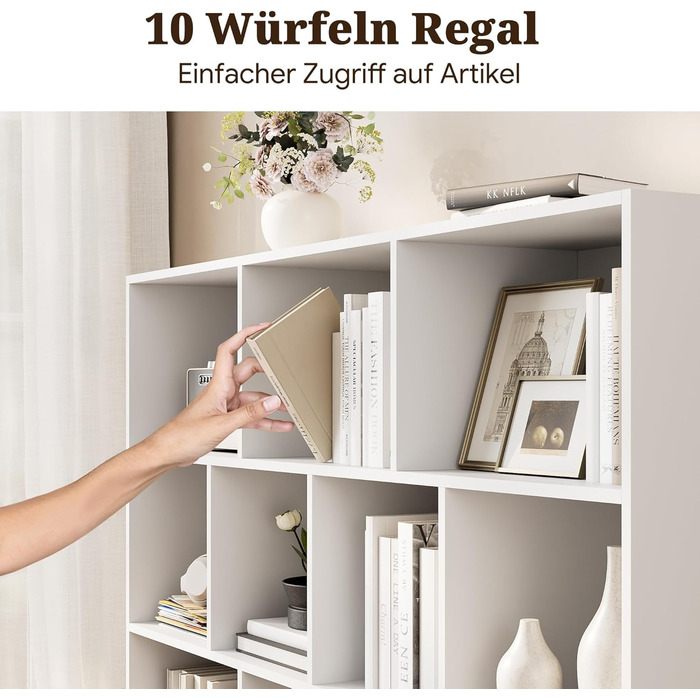 Книжкова полиця, окремостояча полиця з 3 рівнями та 10 полицями, книжкова шафа, 29,3 x 110 x 84 см, кубічна полиця для вітальні, офісу, спальні, кабінету (1, білий) Білий 1