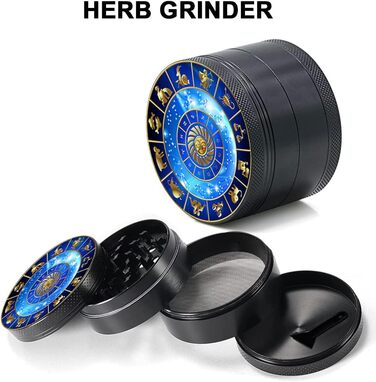 Набір для подрібнення трав, Spespo Spice Grinder Black Metal Zinc Alloy 4-Piece 2.0 Inch (5cm) Constellation Pattern з міні-попільничкою та герметичним скляним та шкіряним піддоном для сузір'я Набір сузір'їв