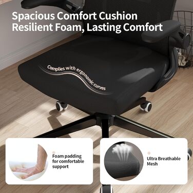 Ергономічне офісне крісло Monhey регульоване офісне крісло з поперековою опорою, підголівником, складними підлокітниками та сітчастою спинкою крісло для домашнього офісу, поворотне, дихаюче 01 Чорний